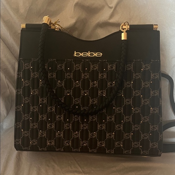 bebe Handbags - Bebe Black and Gold Monogram Shoulder Bag
